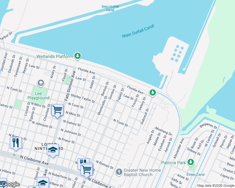 map of restaurants, bars, coffee shops, grocery stores, and more near 2536 Tupelo Street in New Orleans