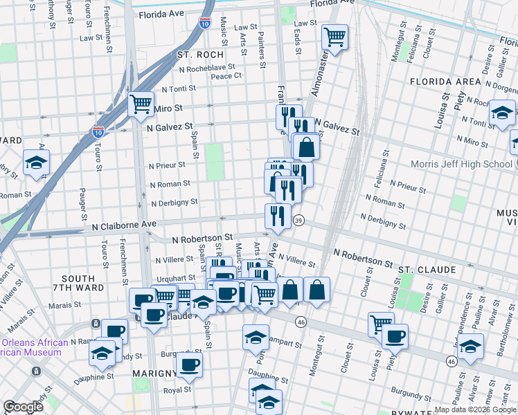 map of restaurants, bars, coffee shops, grocery stores, and more near 1614 Painters Street in New Orleans