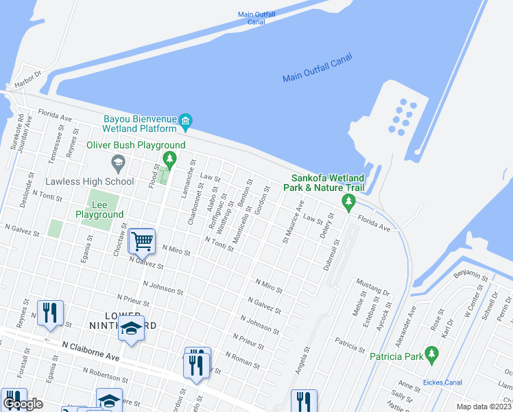 map of restaurants, bars, coffee shops, grocery stores, and more near 13 Gordon Street in New Orleans