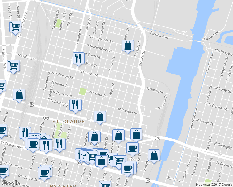 map of restaurants, bars, coffee shops, grocery stores, and more near 1924 Bartholomew Street in New Orleans