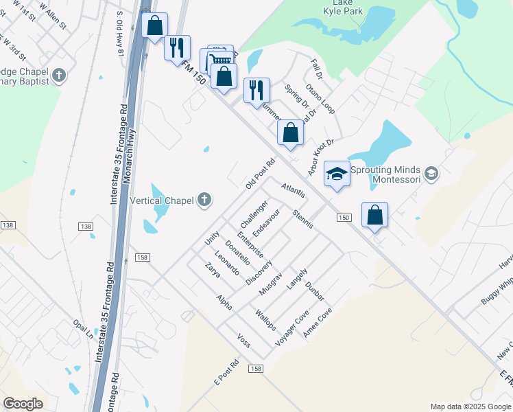 map of restaurants, bars, coffee shops, grocery stores, and more near 162 Challenger in Kyle