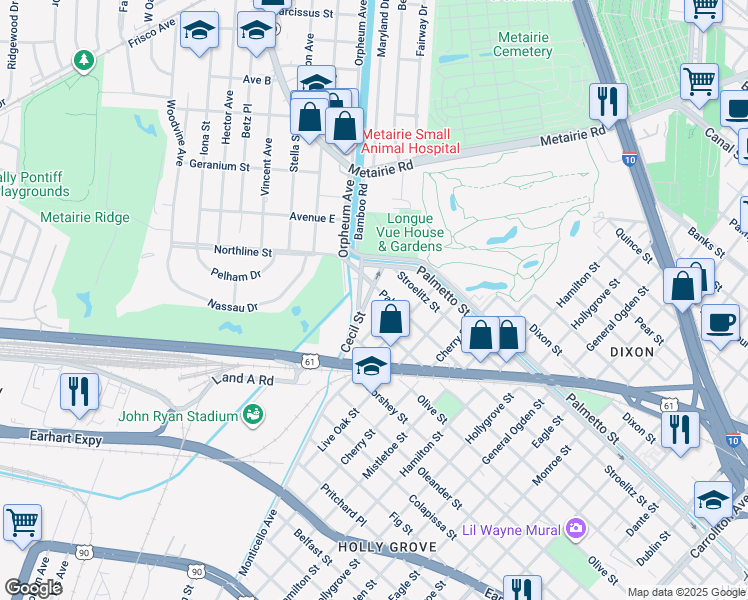 map of restaurants, bars, coffee shops, grocery stores, and more near 3519 Cecil Street in New Orleans