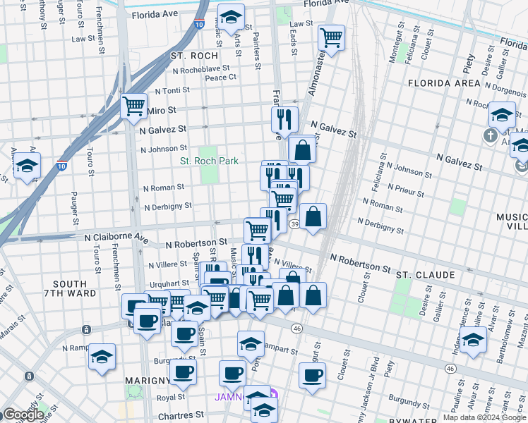 map of restaurants, bars, coffee shops, grocery stores, and more near 1614 Painters Street in New Orleans