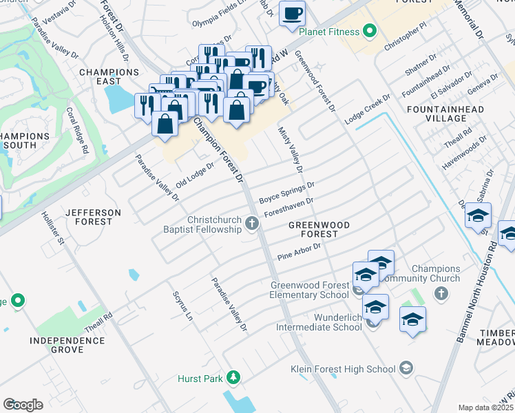 map of restaurants, bars, coffee shops, grocery stores, and more near 5623 Boyce Springs Drive in Houston