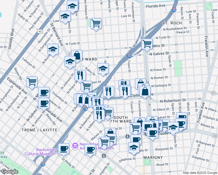 map of restaurants, bars, coffee shops, grocery stores, and more near 1705 Annette St in New Orleans