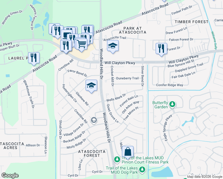 map of restaurants, bars, coffee shops, grocery stores, and more near 17331 Cricket Mill Drive in Humble
