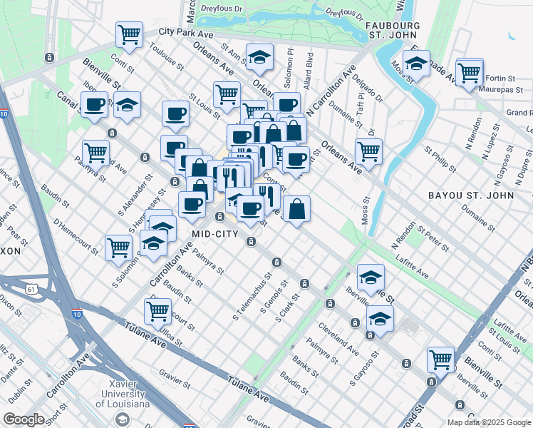 map of restaurants, bars, coffee shops, grocery stores, and more near 219 North Scott Street in New Orleans
