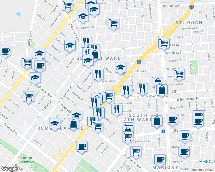map of restaurants, bars, coffee shops, grocery stores, and more near 1714 New Orleans Street in New Orleans