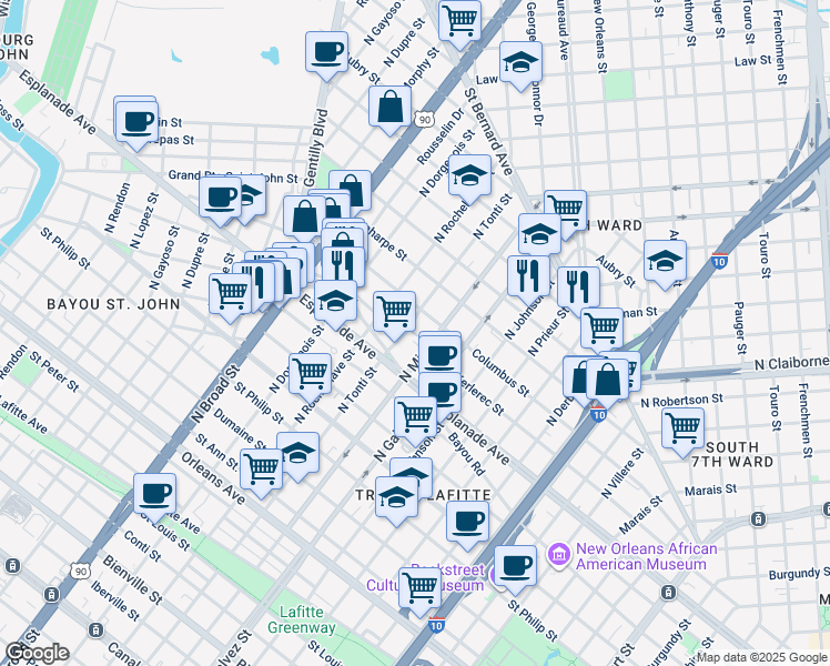 map of restaurants, bars, coffee shops, grocery stores, and more near 1436 North Tonti Street in New Orleans