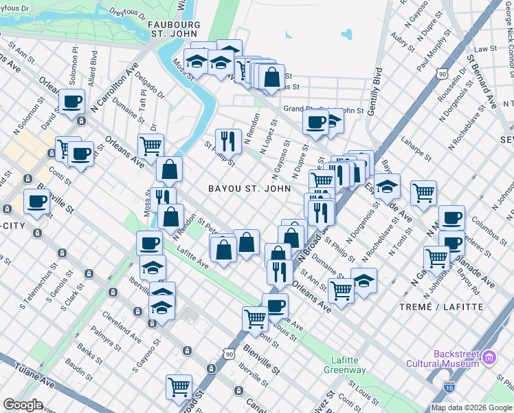 map of restaurants, bars, coffee shops, grocery stores, and more near 928 North Gayoso Street in New Orleans