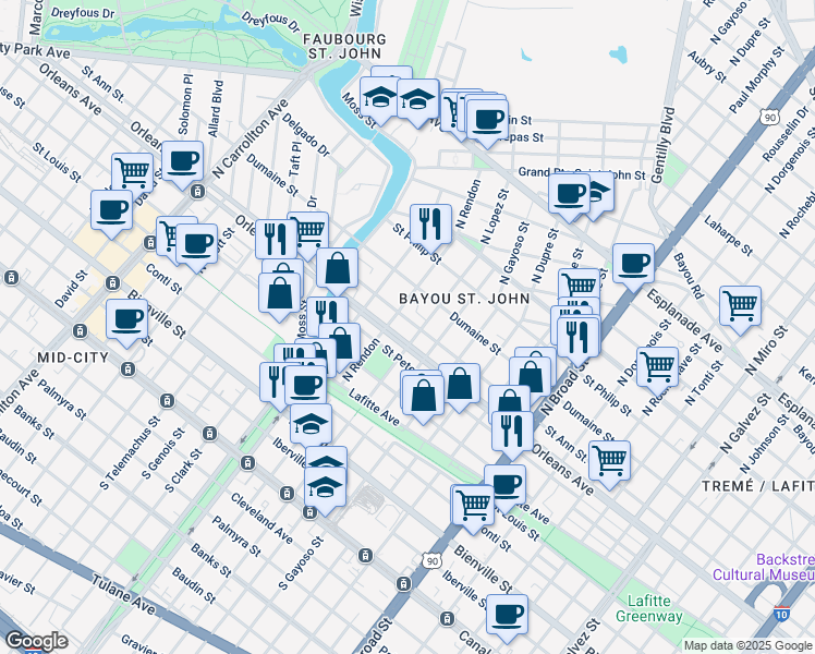 map of restaurants, bars, coffee shops, grocery stores, and more near 3100 Saint Ann Street in New Orleans