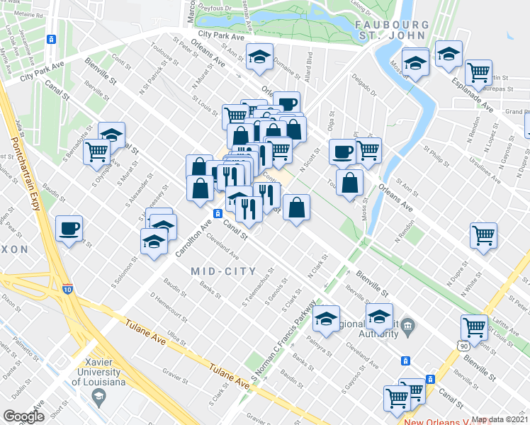 map of restaurants, bars, coffee shops, grocery stores, and more near 219 North Scott Street in New Orleans