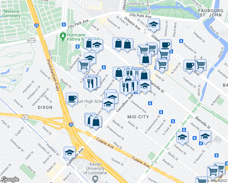 map of restaurants, bars, coffee shops, grocery stores, and more near 211 South Solomon Street in New Orleans