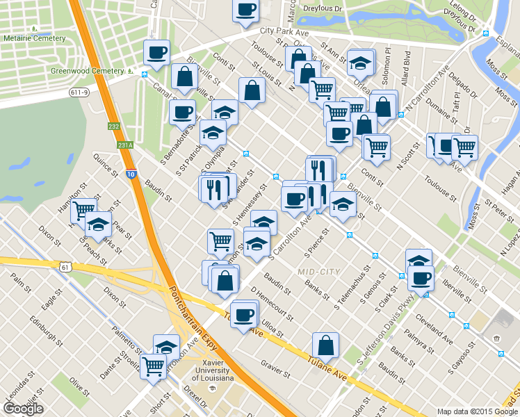 map of restaurants, bars, coffee shops, grocery stores, and more near 211 South Solomon Street in New Orleans