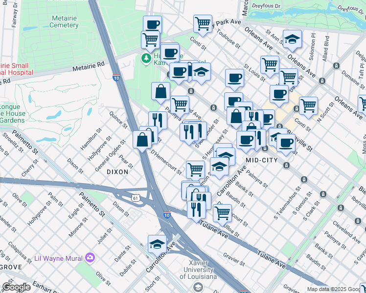 map of restaurants, bars, coffee shops, grocery stores, and more near 423 South Murat Street in New Orleans