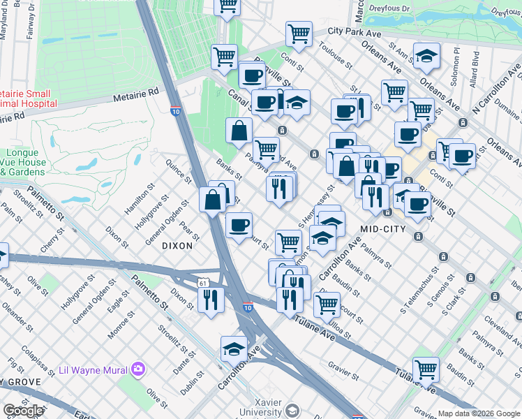 map of restaurants, bars, coffee shops, grocery stores, and more near 423 South Murat Street in New Orleans