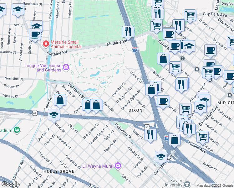 map of restaurants, bars, coffee shops, grocery stores, and more near 4101 Hamilton Street in New Orleans