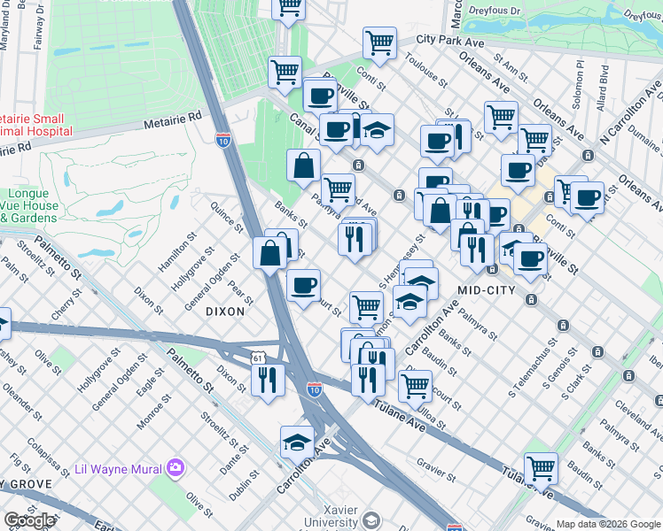 map of restaurants, bars, coffee shops, grocery stores, and more near 423 South Murat Street in New Orleans