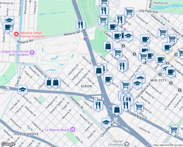 map of restaurants, bars, coffee shops, grocery stores, and more near 8820 Heaton Street in New Orleans