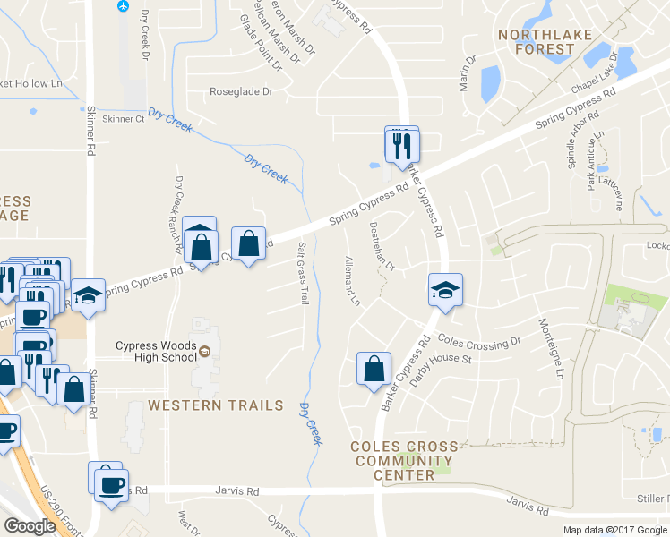 map of restaurants, bars, coffee shops, grocery stores, and more near 16727 Allemand Lane in Cypress