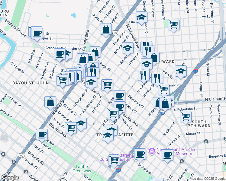 map of restaurants, bars, coffee shops, grocery stores, and more near 1436 North Tonti Street in New Orleans