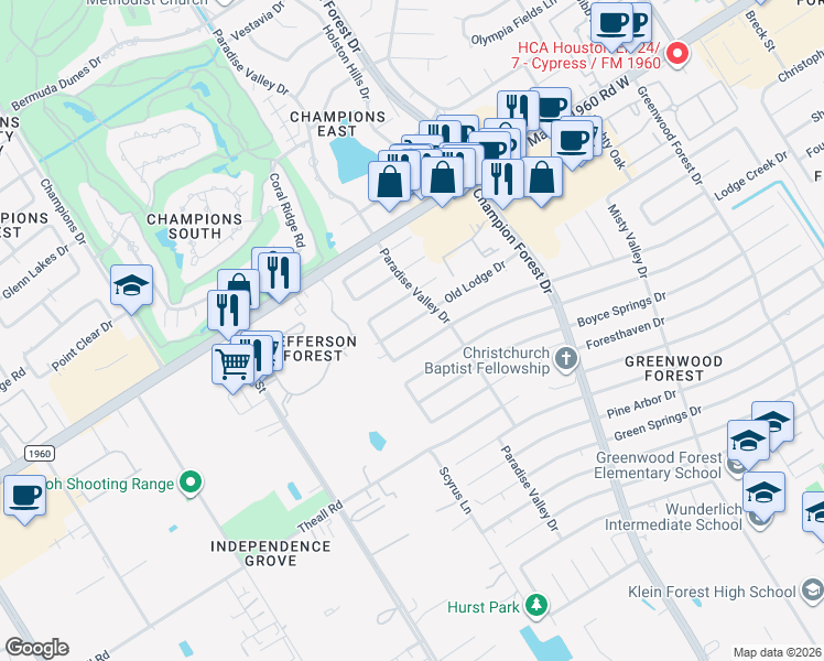 map of restaurants, bars, coffee shops, grocery stores, and more near 5919 Old Lodge Drive in Houston