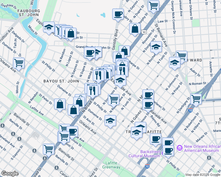 map of restaurants, bars, coffee shops, grocery stores, and more near 2602 Barracks Street in New Orleans