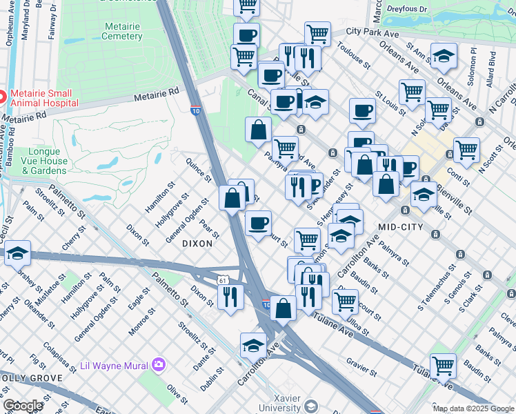map of restaurants, bars, coffee shops, grocery stores, and more near 511 South Olympia Street in New Orleans