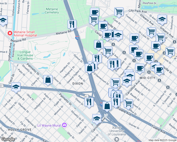 map of restaurants, bars, coffee shops, grocery stores, and more near 4720 Interstate 10 in New Orleans