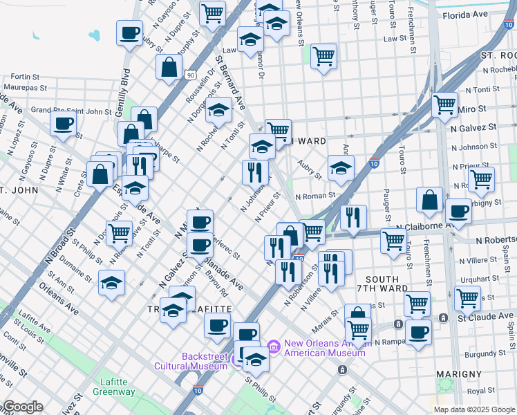 map of restaurants, bars, coffee shops, grocery stores, and more near 1912 Lapeyrouse Street in New Orleans
