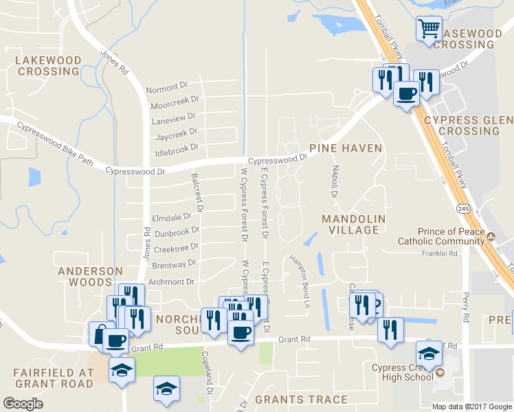 map of restaurants, bars, coffee shops, grocery stores, and more near 13719 East Cypress Forest Drive in Houston