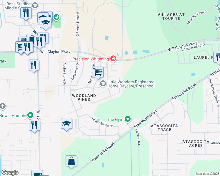 map of restaurants, bars, coffee shops, grocery stores, and more near 9703 Rich Mountain Court in Humble