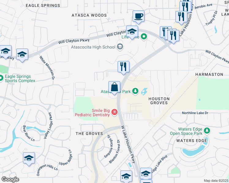 map of restaurants, bars, coffee shops, grocery stores, and more near 17407 West Lake Houston Parkway in Atascocita