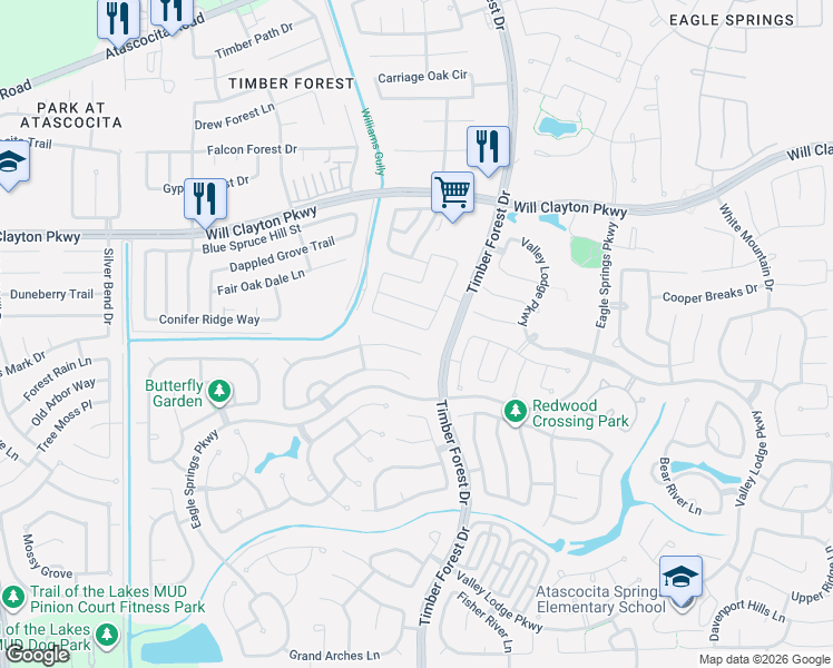 map of restaurants, bars, coffee shops, grocery stores, and more near 12258 Chestnut Clearing Trail in Atascocita