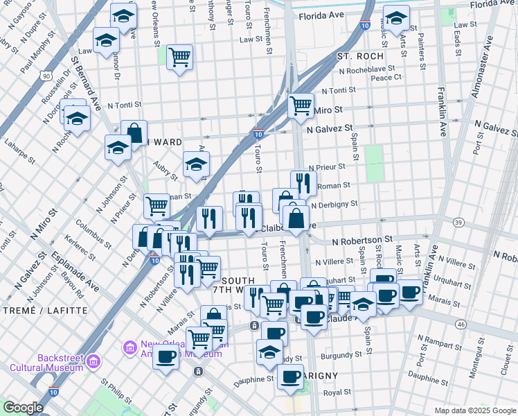 map of restaurants, bars, coffee shops, grocery stores, and more near 1702 Touro Street in New Orleans