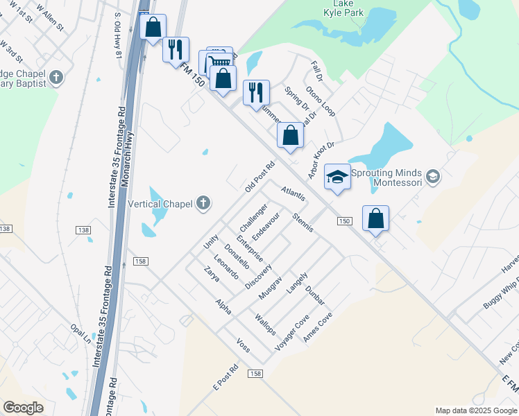 map of restaurants, bars, coffee shops, grocery stores, and more near 162 Challenger in Kyle