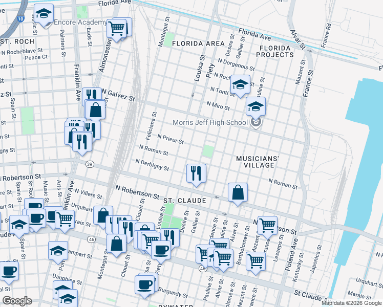 map of restaurants, bars, coffee shops, grocery stores, and more near 1819 Piety Street in New Orleans