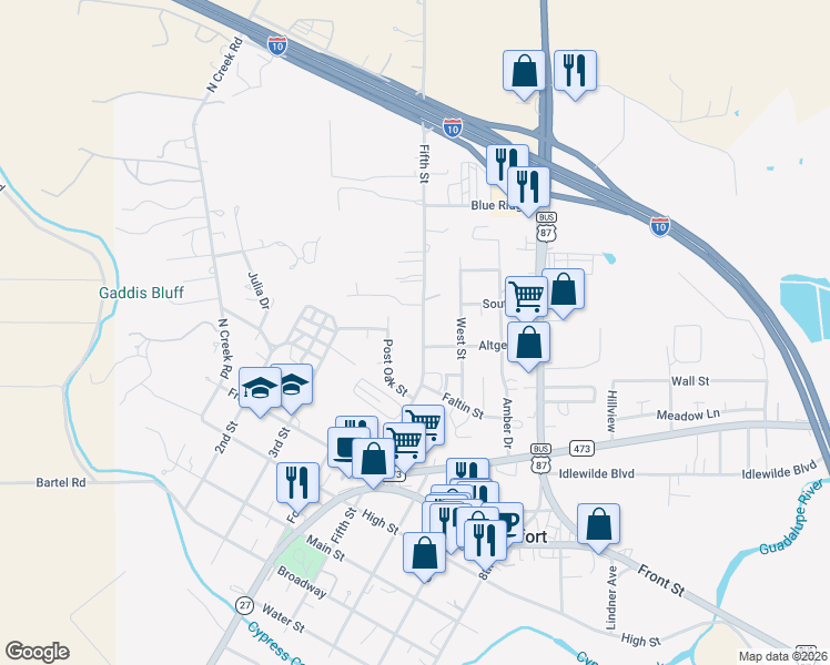 map of restaurants, bars, coffee shops, grocery stores, and more near 804 Fifth Street in Comfort