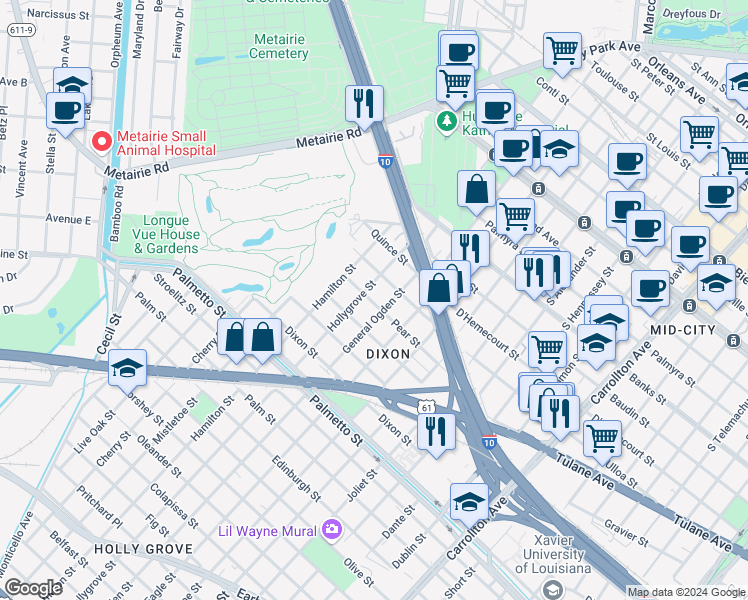 map of restaurants, bars, coffee shops, grocery stores, and more near 8921 Pear Street in New Orleans
