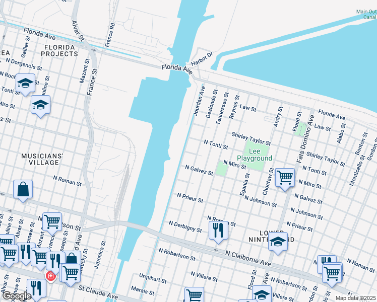 map of restaurants, bars, coffee shops, grocery stores, and more near 2201 Jourdan Avenue in New Orleans
