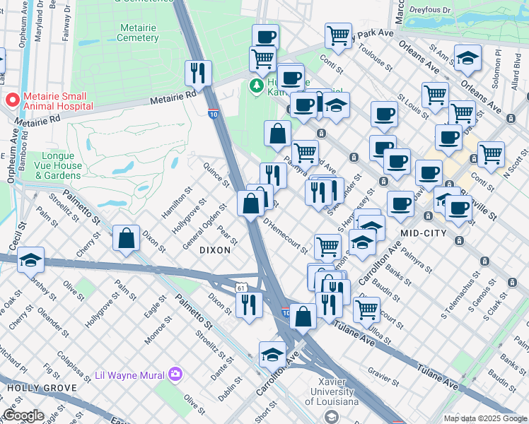 map of restaurants, bars, coffee shops, grocery stores, and more near 4720 Interstate 10 in New Orleans