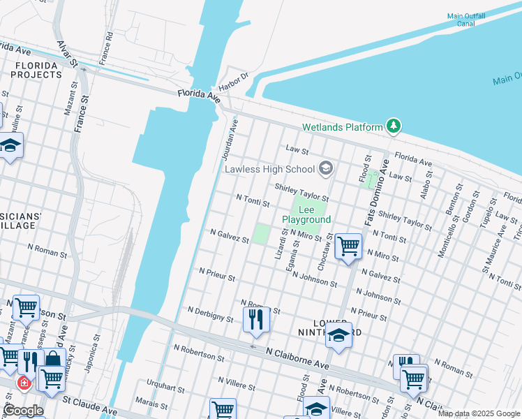 map of restaurants, bars, coffee shops, grocery stores, and more near 2231 Reynes Street in New Orleans