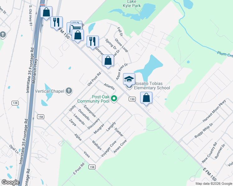 map of restaurants, bars, coffee shops, grocery stores, and more near 334 Atlantis in Kyle