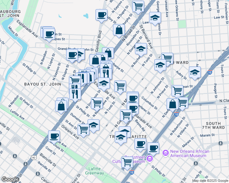 map of restaurants, bars, coffee shops, grocery stores, and more near 2285 Bayou Road in New Orleans
