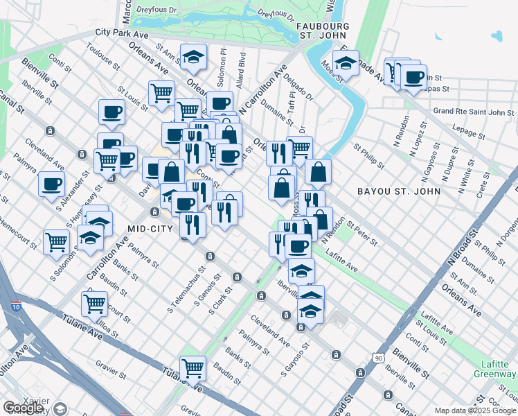 map of restaurants, bars, coffee shops, grocery stores, and more near 3601 Conti Street in New Orleans