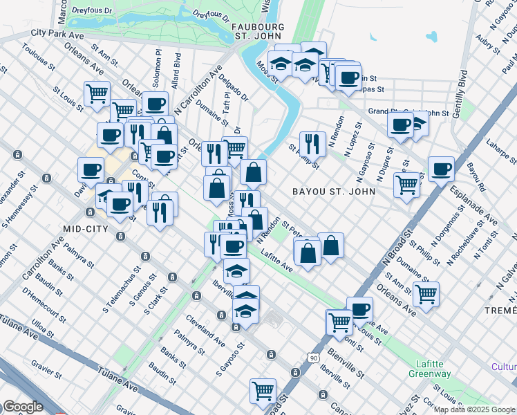 map of restaurants, bars, coffee shops, grocery stores, and more near 625 Hagan Avenue in New Orleans