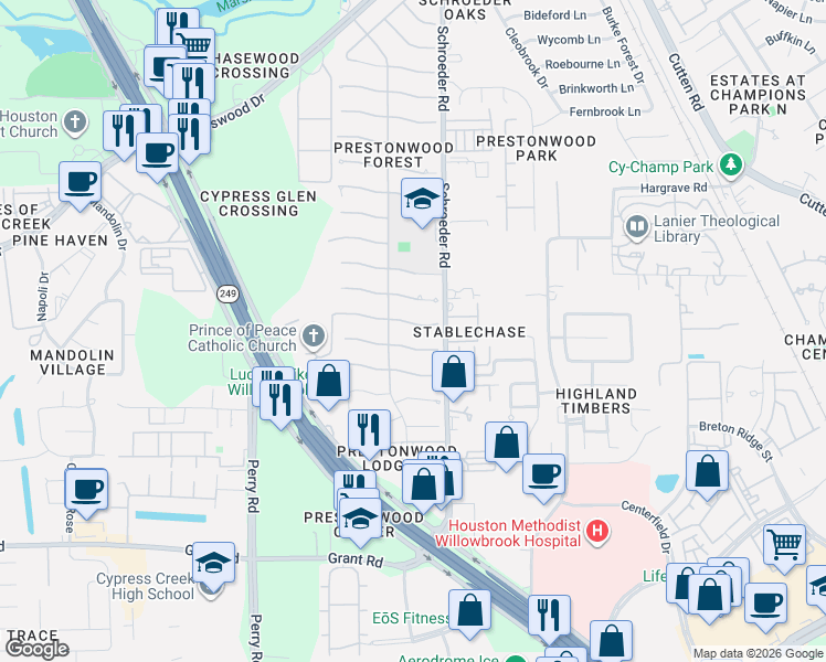 map of restaurants, bars, coffee shops, grocery stores, and more near 8115 Dorrcrest Lane in Houston