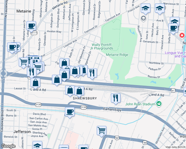 map of restaurants, bars, coffee shops, grocery stores, and more near 195 West Maple Ridge Drive in Metairie