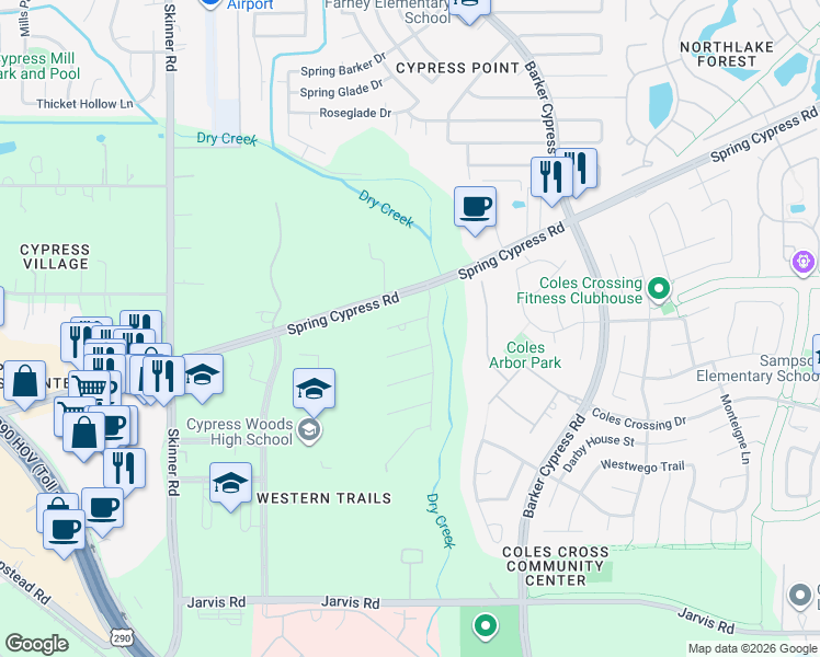 map of restaurants, bars, coffee shops, grocery stores, and more near 16502 Salt Grass Trail in Cypress