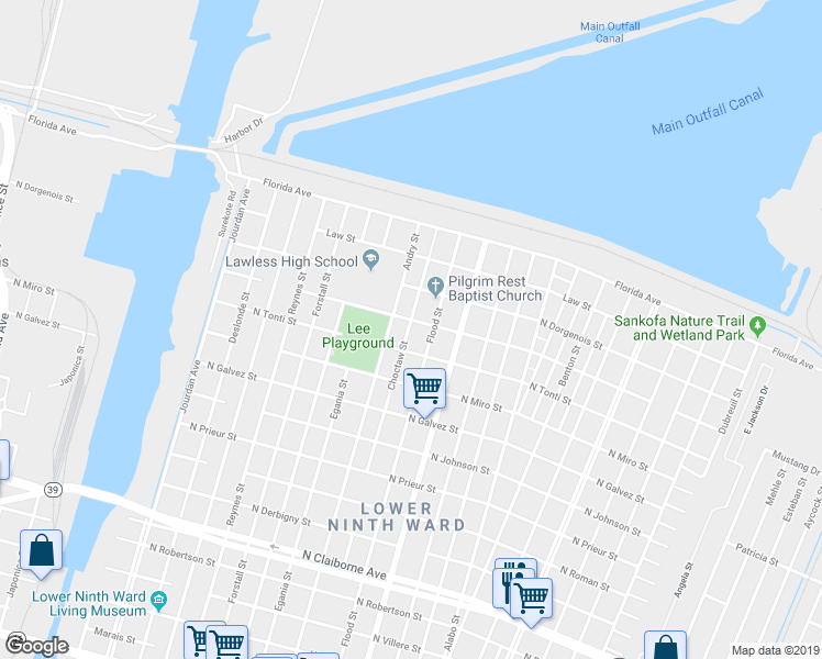 map of restaurants, bars, coffee shops, grocery stores, and more near 5430 North Rocheblave Street in New Orleans